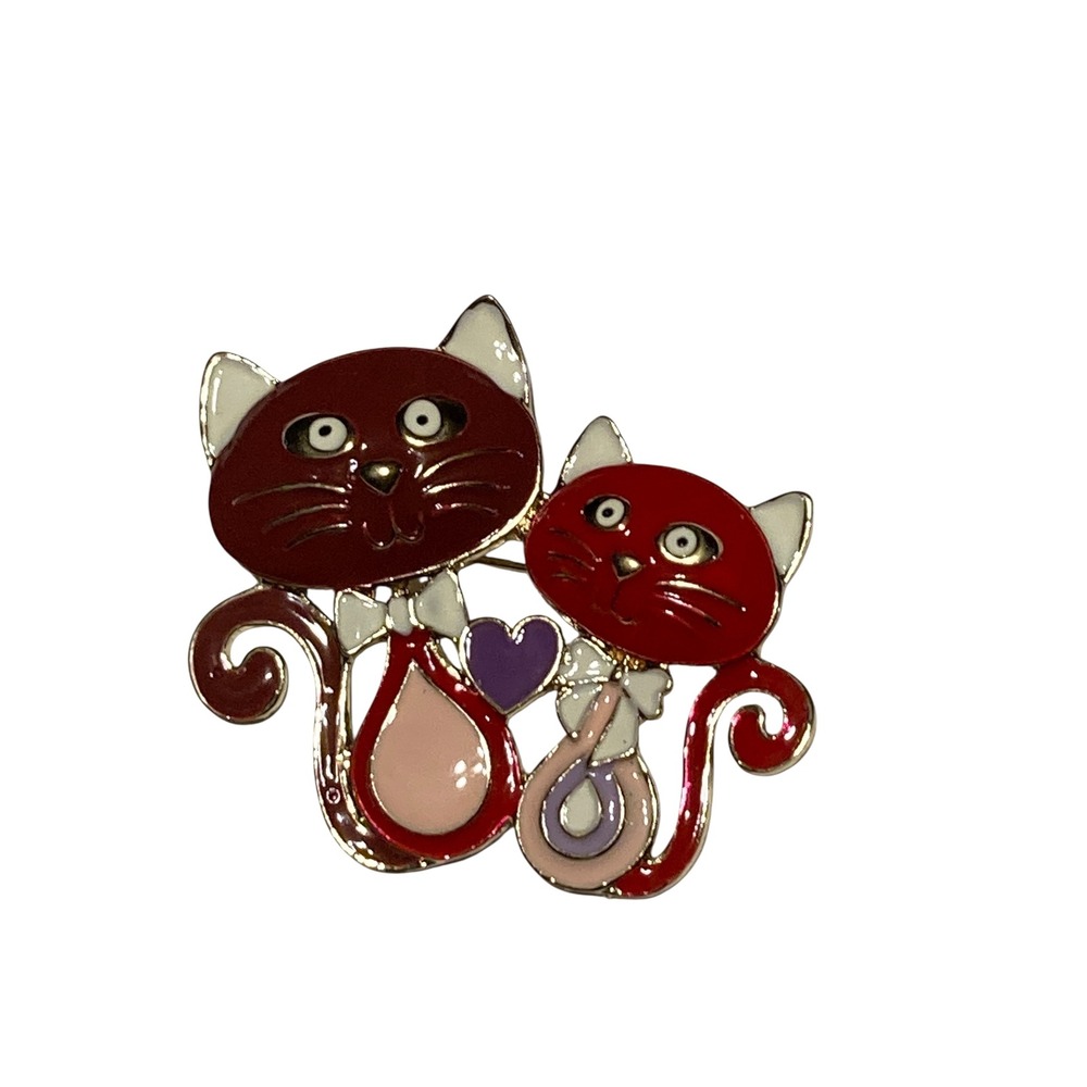 Enamel Two Cats Brooch Pin Gold Tone Burgundy Red Heart Whimsical Animal Jewelry